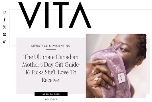 The Ultimate Canadian Mother's Day Gift Guide. A model holding a Lavoh makeup remover facecloth.